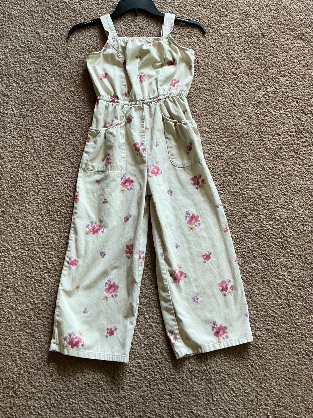 Oshkosh B’Gosh Girls Size 8/8A Floral Wide Leg Jumpsuit Cream Pink Pockets